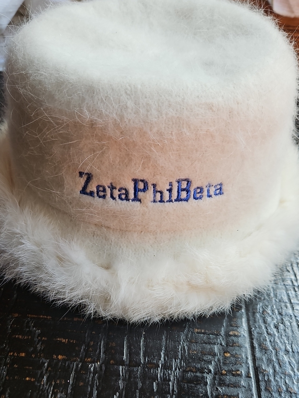 New Ivory White Cream Angora Wool Fur Bucket Hat with ZetaPhiBeta Embroidery